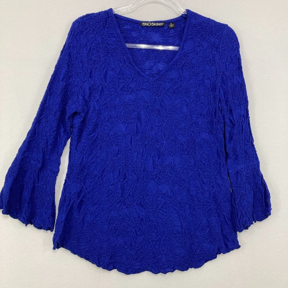 Snoskins Medium Blue‎ V Neck Pleated Textured Stretch Flare Sleeve Top Feminine